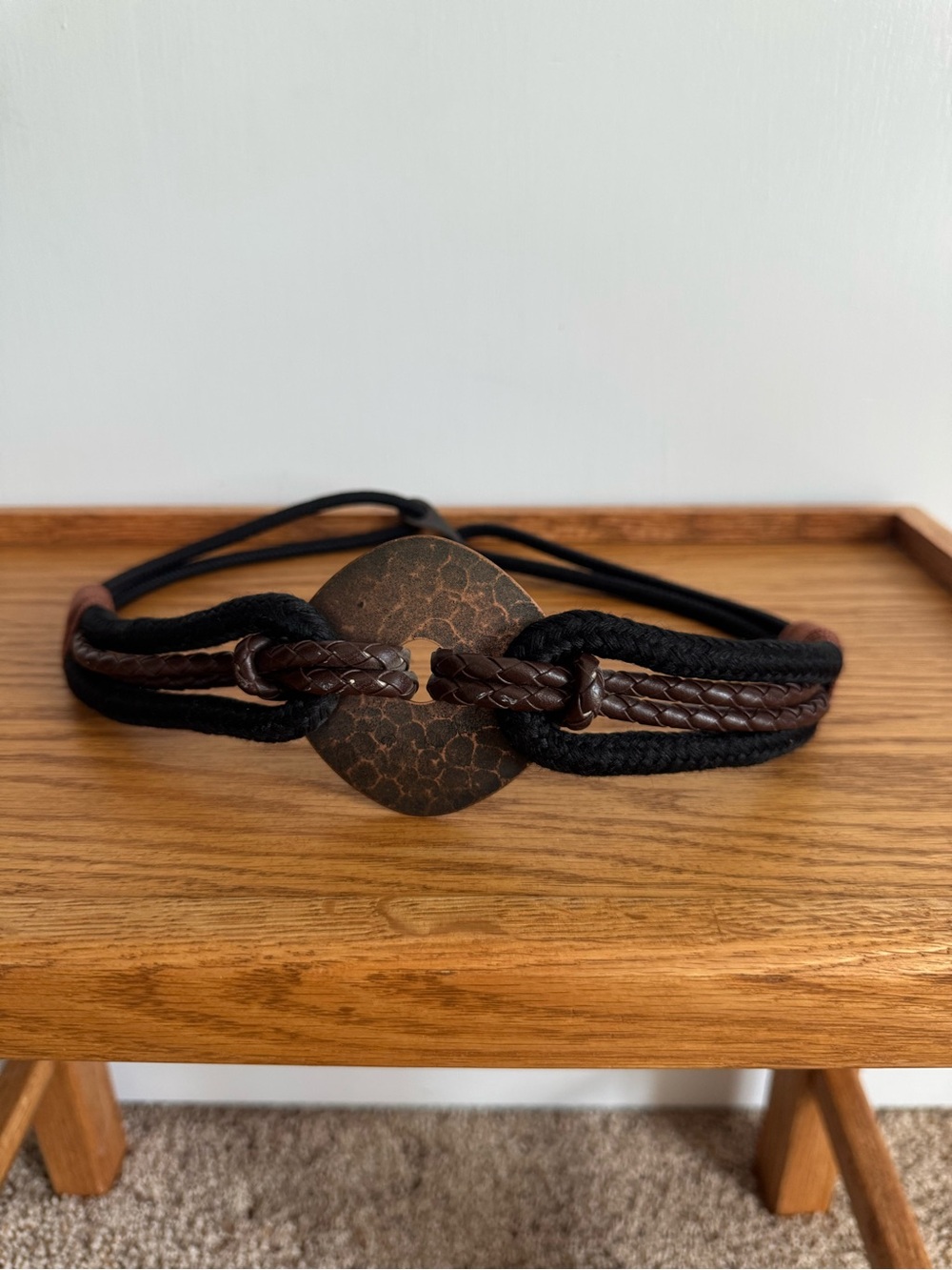 Braided Leather and Rope Belt with Hammered Metal Accent - Brown & Black
